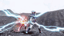 a man in a superhero costume is standing on a rocky hillside with lightning coming out of it