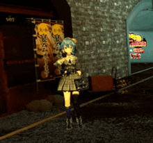 a girl with blue hair is standing in front of a brick wall with a sign that says ' tokyo ghoul ' on it