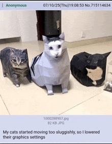 three cats made out of paper are sitting on a tiled floor with a caption that says " anonymous " at the top