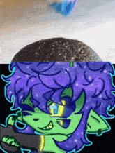 a drawing of a person with purple hair and a green body