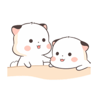 two cute cartoon cats are sitting next to each other on a table and talking to each other .