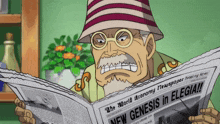 a cartoon man is reading a newspaper that says new genesis in elegia