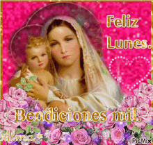 feliz lunes virgen maria nino jesus sparkle roses