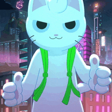 a white cat with a green backpack giving a thumbs up