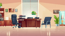 a cartoon illustration of an office with a desk that has a name plate on it that says " most improved "