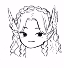 a black and white drawing of a woman 's face with wings on her head .