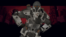 a robot with the letter h on it
