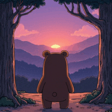 a cartoon bear is standing in the woods looking at a sunset