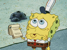 a cartoon of spongebob holding a notepad with the letter t on it
