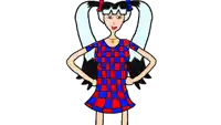 a cartoon of a girl with pigtails wearing a red and blue checkered dress
