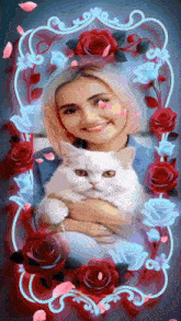 a woman is holding a white cat in a frame with red roses