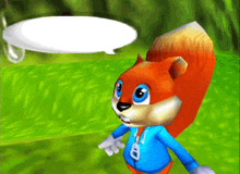 a cartoon squirrel wearing a blue jacket and a necklace with the letter b on it