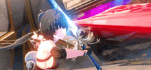 a girl in a video game is holding a sword in her right hand