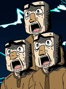 three cartoon characters with their mouths wide open