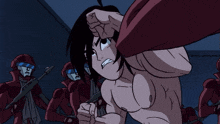 a cartoon character without a shirt is standing in front of a group of soldiers with guns