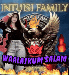 a girl is standing in front of an eagle with the words " intuiti family waalaikum salam " on the bottom
