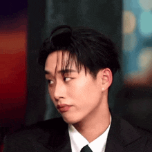 a young man in a suit and tie is looking at the camera .