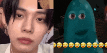 a close up of a person 's face next to a picture of a cartoon character
