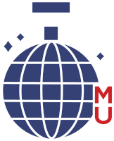a blue globe with a red m and u on it