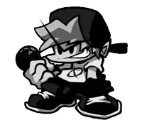 a black and white drawing of a cartoon character holding a microphone and wearing a hat .