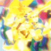 a colorful painting of a yellow flower with a blue background