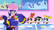 a group of cartoon characters are eating ice cream in a diner