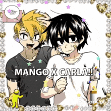 a couple of anime characters standing next to each other with the words mango x carla on the bottom