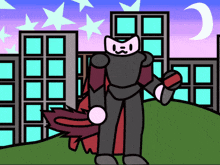 a cartoon drawing of a cat in armor with a cape
