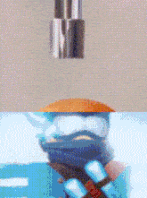 a close up of a person 's face with a cartoon character behind them