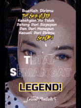 a poster with a woman 's face and the words legend on it
