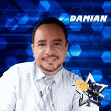 a man in a white shirt and tie stands in front of a microphone with the name damian written above him