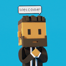 a man with a beard and a welcome speech bubble on his head