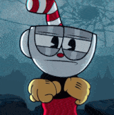 a cartoon character with a red and white cane on top of his head