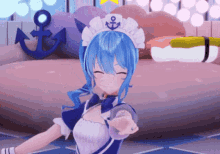 a girl with blue hair wearing a maid outfit with an anchor on her hat