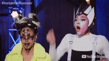 two women wearing masks are standing next to each other with the words instant influencer on the bottom