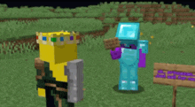 a yellow minecraft character with a crown on his head is standing next to a blue minecraft character .