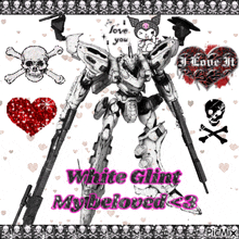 a robot is surrounded by skulls and crossbones and says " white glint my beloved "