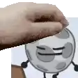 a hand is holding a cookie over a cartoon character 's head .