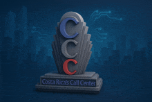 a statue that says costa rica 's call center in front of a city skyline