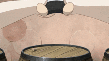 a cartoon character is sitting on top of a wooden barrel