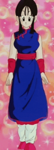 a girl in a blue dress is standing on a pink background .