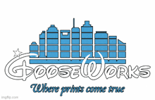 a blue and white logo for goose works