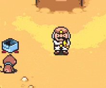 a pixel art illustration of a man standing in the desert .