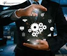 a man in a suit and tie holds gears and icons in his hands in front of an advertisement for impressico business solutions