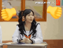 a girl in a sailor suit is sitting at a desk in a classroom with a fist in the air .
