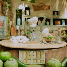 a cartoon character wearing a chef 's hat and apron is standing in front of a sign that says welcome