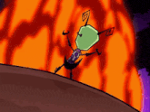 a cartoon character is doing a handstand in front of a large fire