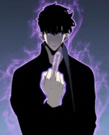 a man in a black jacket is giving the middle finger to the camera .