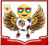 a cartoon of a smiley face with wings holding a soccer ball with indonesia written on the bottom