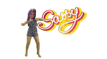 a girl is dancing in front of a sassy logo